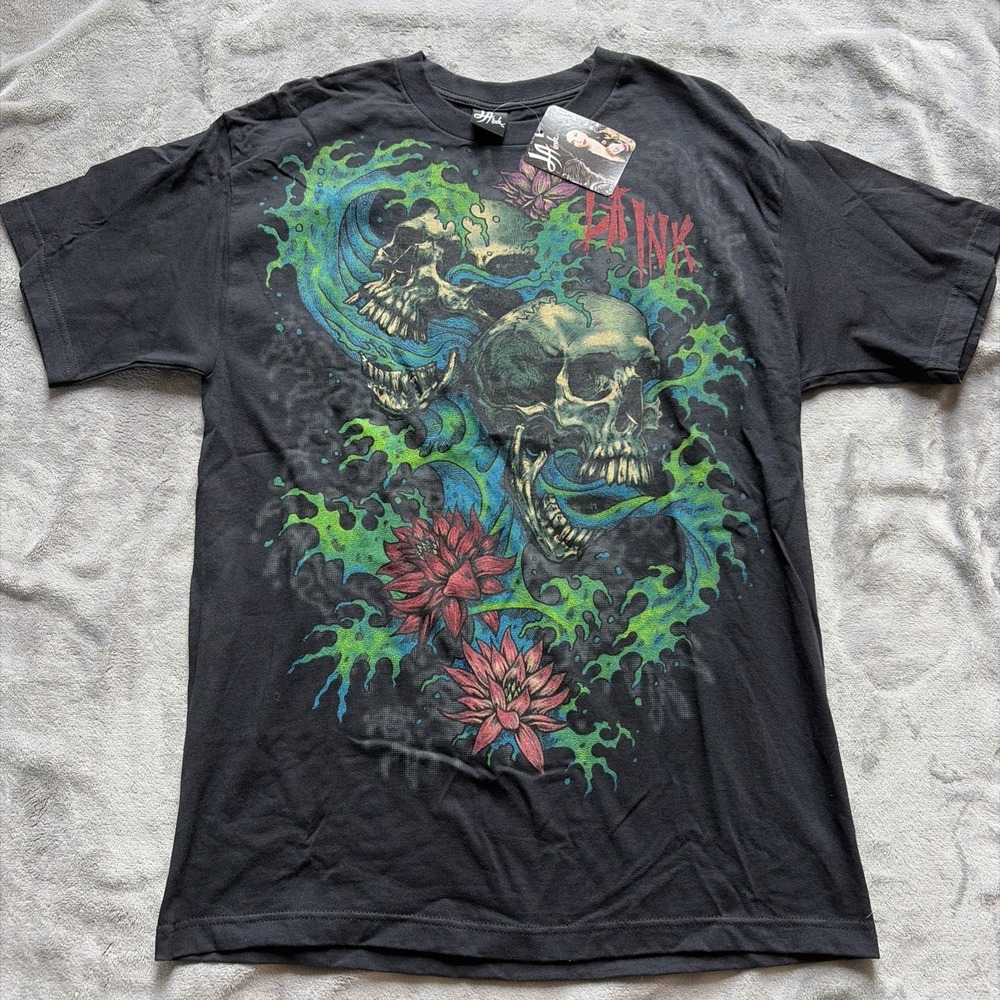 VTG Y2K Authentic LA Ink Men's‎ Large Shirt Skull & Flower Graphic Black - NWT